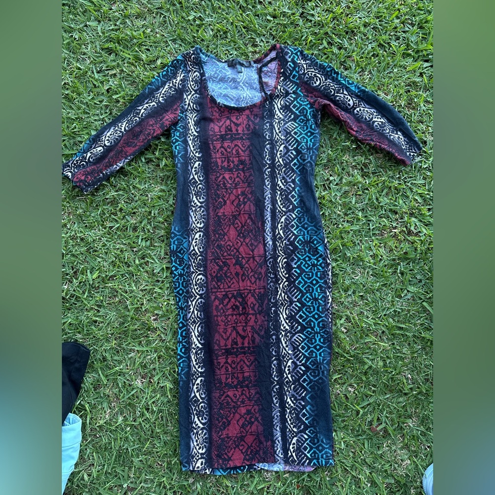 Snap Long Sleeve Boho Maxi Dress in Burgundy, Teal, and Cream